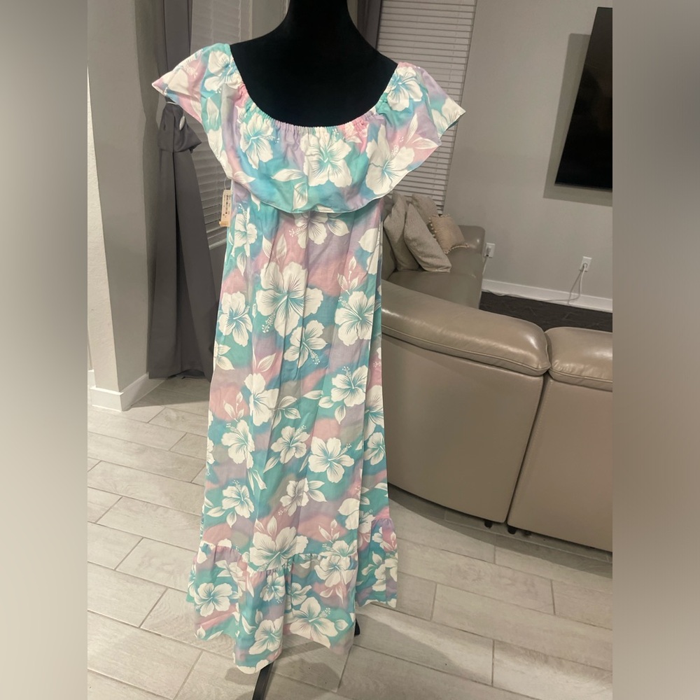NWT Island Fashions Vintage Hawaiian cotton floral Dress Floral Maxi A-Line XS